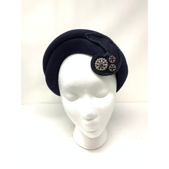 Vintage The Halle Bros Co Sculptural Hat Navy Blue Wool Beaded Front Detail
